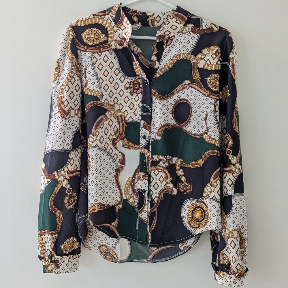 Chic Patterned Button-Down Shirt in Blue, White, and Green
